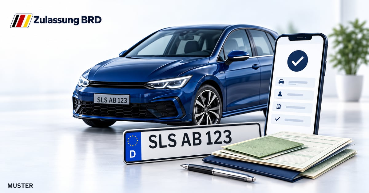 Online Fahrzeugzulassung in Lebach: Musterkennzeichen SLS AB 123, Auto und Fahrzeugpapiere und Smartphone. Illustration mit Logo von Zulassung BRD.